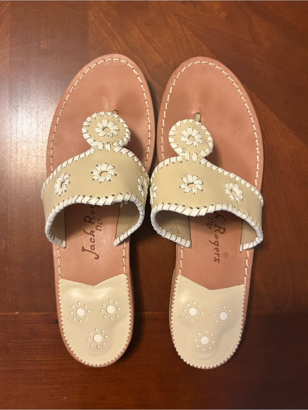 Jack Rogers Cream Leather Whipstitch Sandals